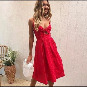 Summer Red Midi Swing dress Tie front V-neck
